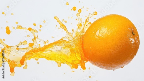 Whole orange in a dynamic splash of juice, isolated on white, showcasing the vitality and juiciness.