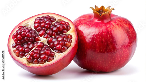 "Fresh Ripe Pomegranate Halves: Vibrant and Juicy on White Background"  generative ai
