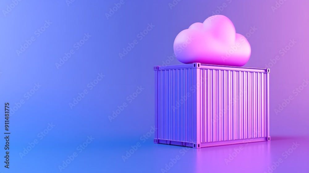 Colorful 3D illustration of a cloud atop a shipping container symbolizing cloud storage, technology, and logistics in a vibrant setting. Colorful 3D illustration of a cloud atop a shipping container symbolizing cloud storage, technology, and logistics in a vibrant setting.