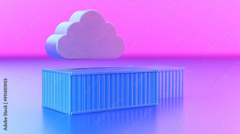 Colorful 3D illustration of a cloud hovering over shipping containers, representing cloud computing and logistics on a vibrant background. Colorful 3D illustration of a cloud hovering over shipping containers, representing cloud computing and logistics on a vibrant background.