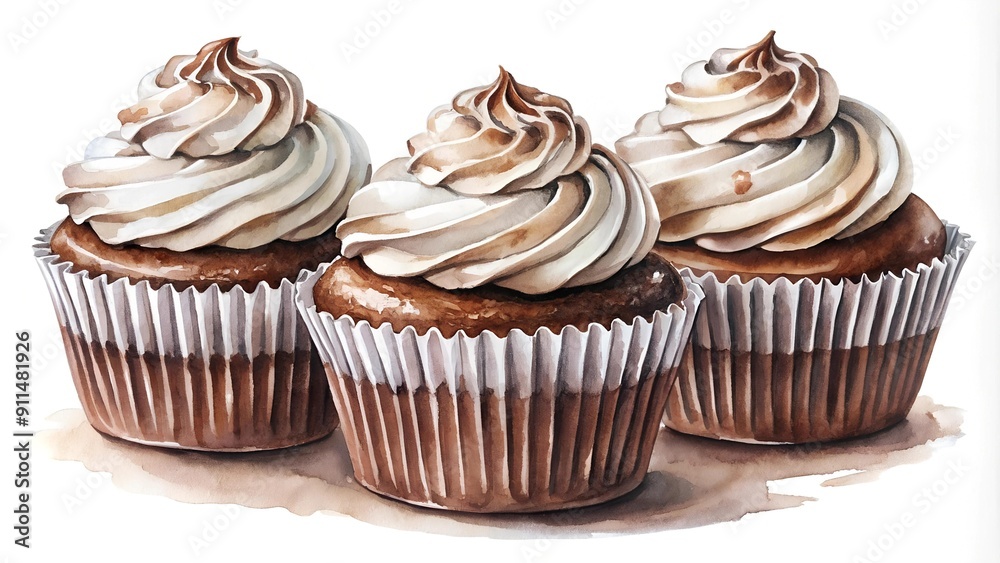 A Symphony of Sweetness: A Watercolor Dream of Chocolate Cupcakes with Icing Sugar generative AI A Symphony of Sweetness: A Watercolor Dream of Chocolate Cupcakes with Icing Sugar generative AI