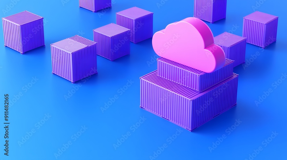 Colorful 3D illustration of cloud computing and data storage concept with cloud and cubical shapes on blue background. Colorful 3D illustration of cloud computing and data storage concept with cloud and cubical shapes on blue background.