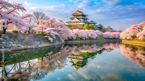 A Symphony of Pink and White: Osaka Castle Under a Cherry Blossom Canopy  generative AI