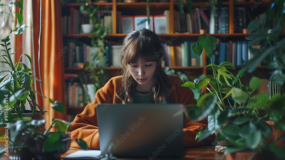 A customer service agent working from home, providing support via their laptop, sitting at a desk in a cozy home office. The background includes bookshelves and plants,