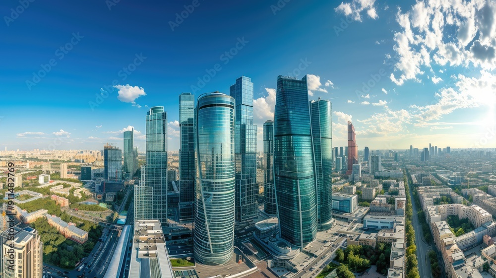Fototapeta premium Panoramic View of Urban Architecture with Reflective Glass Skyscrapers