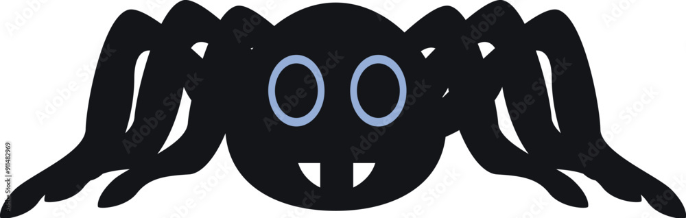 Cute black spider with big blue eyes and fangs is crawling