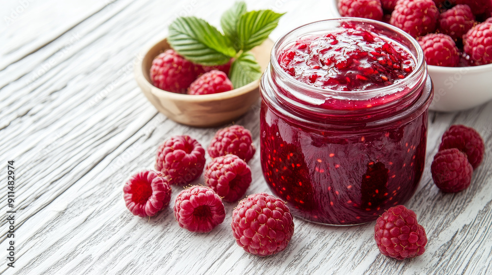 Fresh raspberry jam made at home. It's in a jar on a white wooden table with a bowl of fresh raspberries next to it. Fresh raspberry jam made at home. It's in a jar on a white wooden table with a bowl of fresh raspberries next to it.