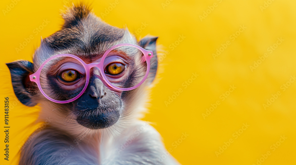 Fototapeta premium Monkey wearing pink glasses against yellow background