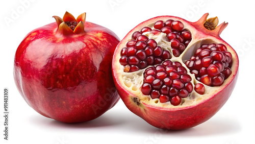 "Fresh Ripe Pomegranate Halves: Vibrant and Juicy on White Background"  generative ai