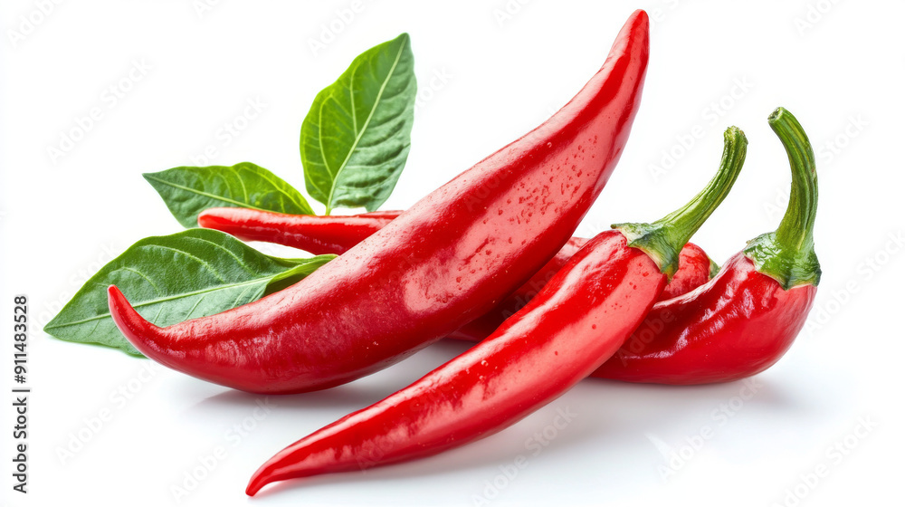 Fresh red chili pepper with leaves on a white background, isolated for easy use in your designs. Fresh red chili pepper with leaves on a white background, isolated for easy use in your designs.