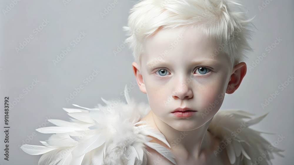 Sensitiver albino boy with a white eye and white feathers on shoulder, albino, sensitive, boy, white eye, feathers Sensitiver albino boy with a white eye and white feathers on shoulder, albino, sensitive, boy, white eye, feathers