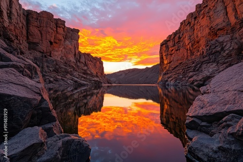 The sunset paints the sky with fiery hues above a serene lake surrounded by towering cliffs in a wonderful landscape The reflection of the vibrant sky on the waters surface