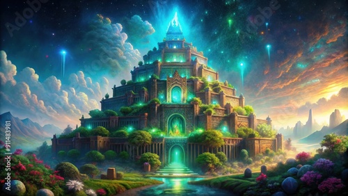 Ethereal Persian ziggurat with holographic deities and bioluminescent flora, Persian, ziggurat, holographic