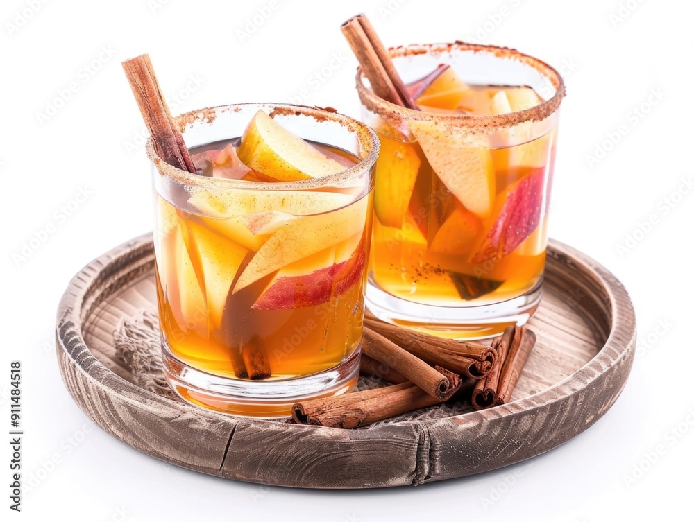 Two glasses of apple cider sitting on a wooden tray, perfect for a cozy autumn evening or rustic dinner party Two glasses of apple cider sitting on a wooden tray, perfect for a cozy autumn evening or rustic dinner party
