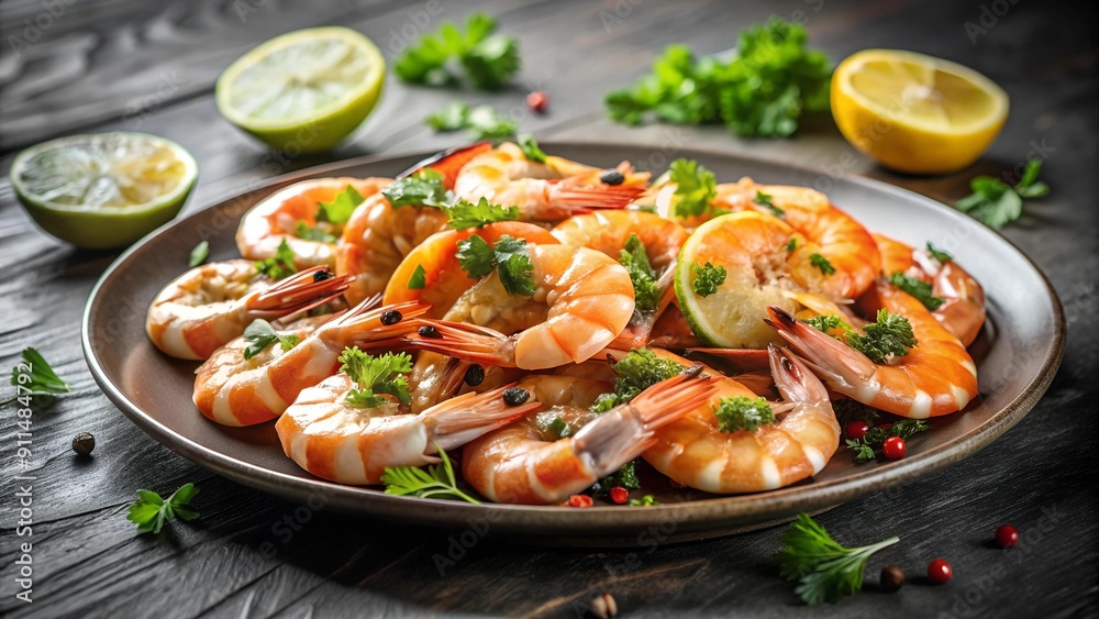 A Symphony of Seafood: An Exquisite Plate of Shrimp Delicacies Generative AI A Symphony of Seafood: An Exquisite Plate of Shrimp Delicacies Generative AI