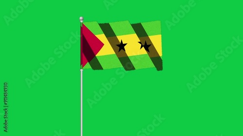 4K SAO TOME flag old animation with pole waving on chroma key green screen
