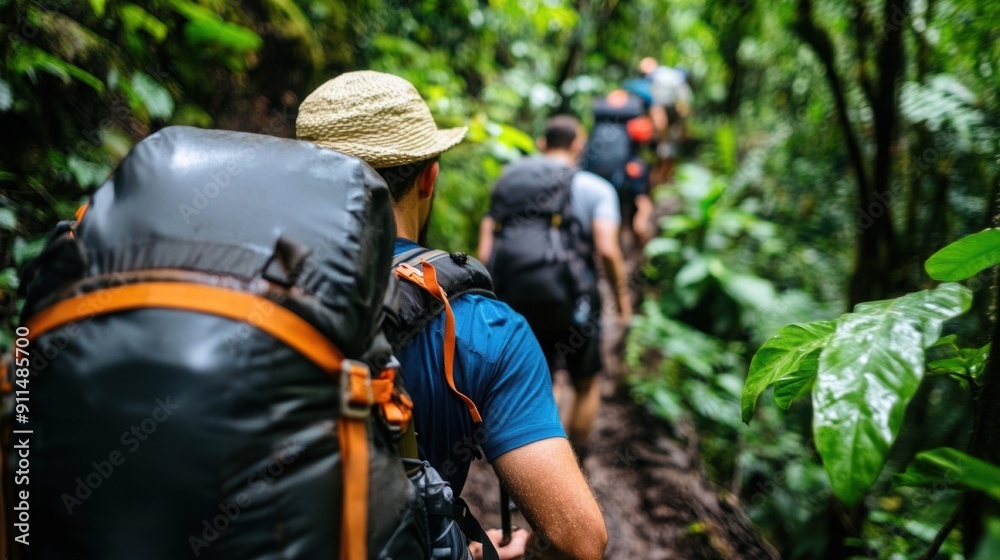 A group of hikers navigating through a lush jungle trail with vibrant greenery and scenic views. A group of hikers navigating through a lush jungle trail with vibrant greenery and scenic views.