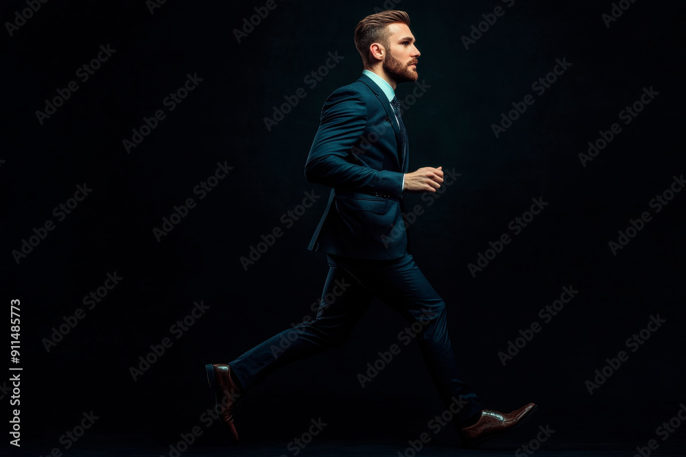 Full length portrait of a handsome young man in suit running over black background Full length portrait of a handsome young man in suit running over black background