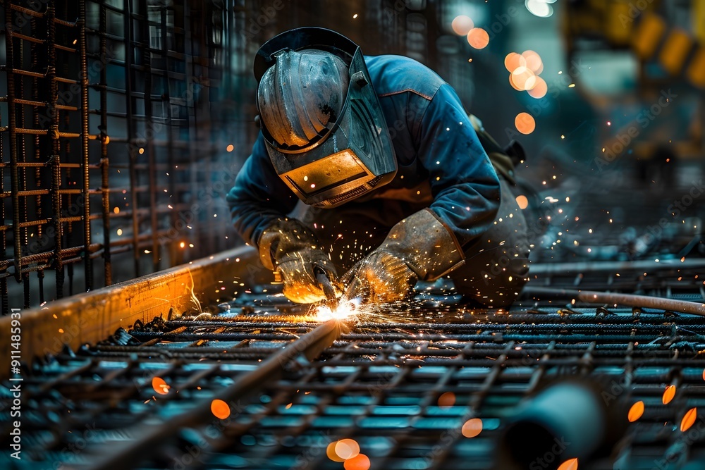 Construction Worker Welding Steel in Industrial Workshop at Night Construction Worker Welding Steel in Industrial Workshop at Night