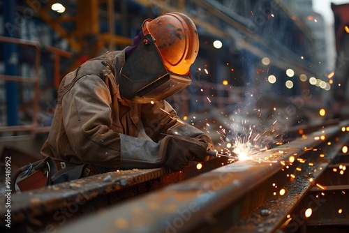 Construction Worker Wielding Welding Torch Amid Sparks in Industrial Workshop photo