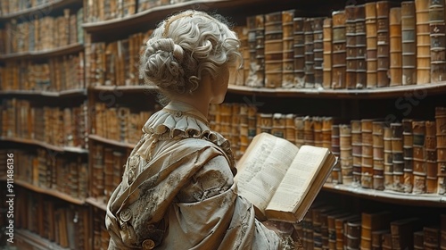 Woman reading a book in a library