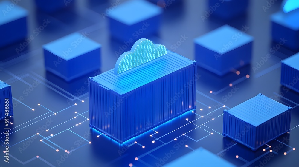 Digital cloud computing concept with futuristic dark blue containers and glowing circuits representing data storage and network services. Digital cloud computing concept with futuristic dark blue containers and glowing circuits representing data storage and network services.