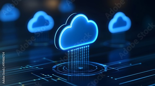 Obraz na płótnie Digital cloud computing concept with glowing blue clouds and circuit board background, representing data storage and technology. w salonie