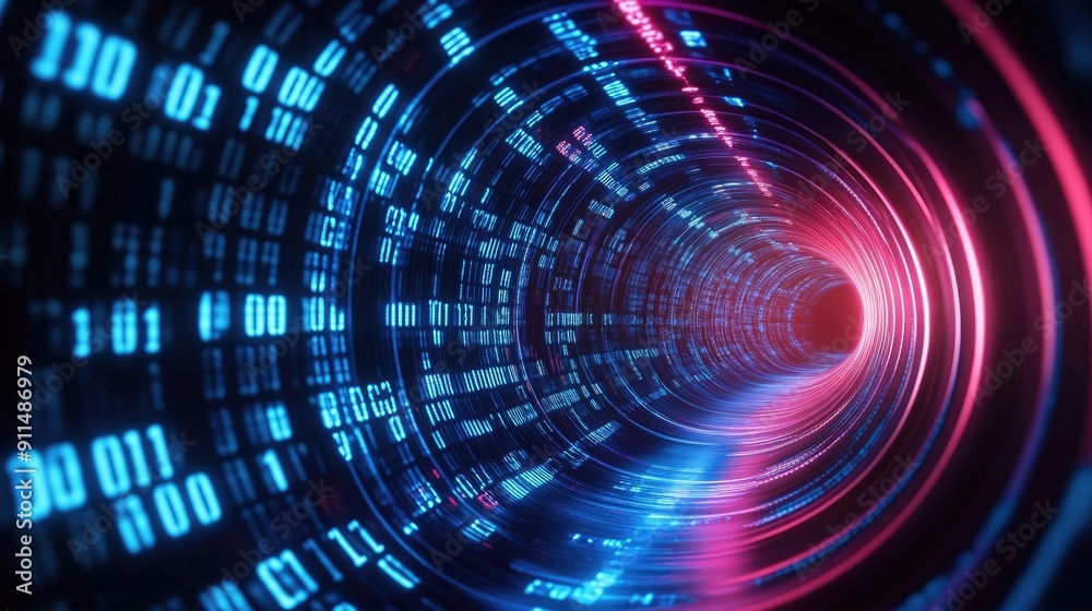 Digital tunnel with glowing binary data. A futuristic representation of technology and data flow, ideal for tech-themed projects. Digital tunnel with glowing binary data. A futuristic representation of technology and data flow, ideal for tech-themed projects.