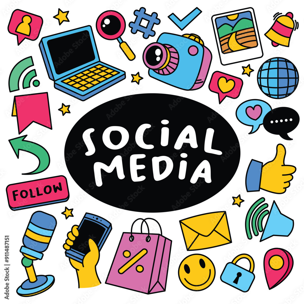 Hand drawn set of social media sign and symbol doodles elements. Isolated on white background Hand drawn set of social media sign and symbol doodles elements. Isolated on white background
