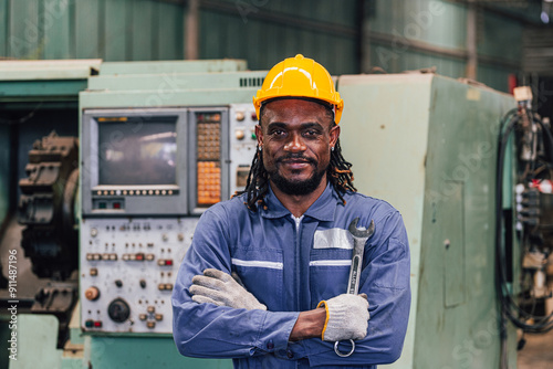 Industrial worker indoors in old factory. Industrial man Engineers in Hard Hats.Work at the Heavy Industry Manufacturing Factory.