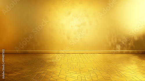 Golden wall and geometric gold floor in modern interior. Copy space. Generative AI	