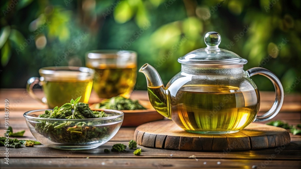 Green tea oolong in glass teapot on table, hot tea in glass cup, green tea, oolong, glass teapot, table, hot tea Green tea oolong in glass teapot on table, hot tea in glass cup, green tea, oolong, glass teapot, table, hot tea