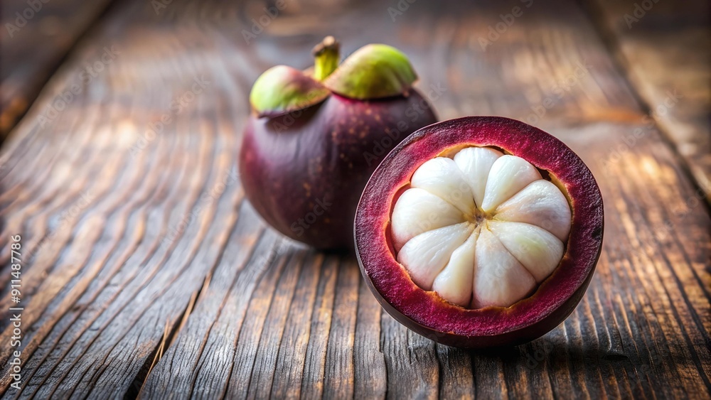 A Sliced Mangosteen on a Rustic Wooden Table AI Generated A Sliced Mangosteen on a Rustic Wooden Table AI Generated