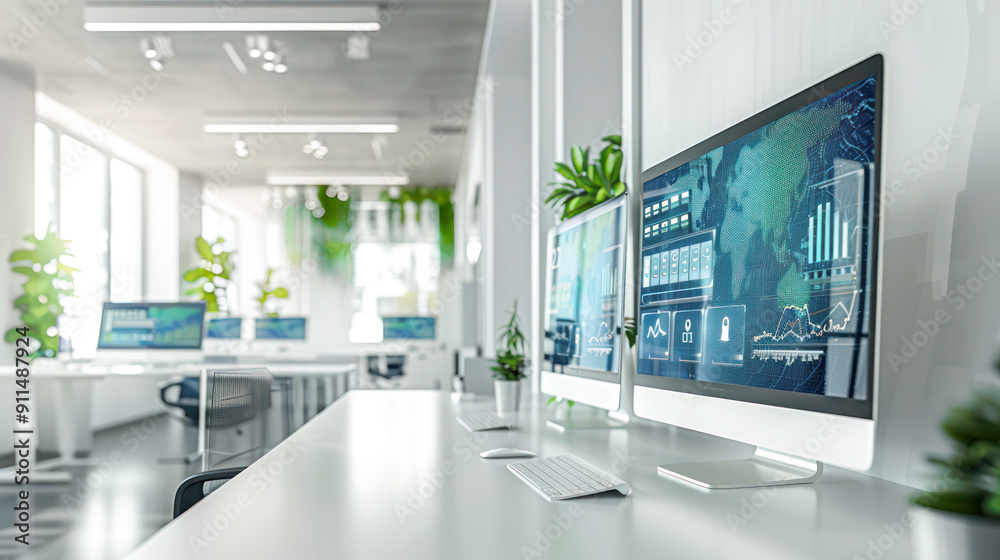 Desks with PCs in bright and modern open space office.Generative AI Desks with PCs in bright and modern open space office.Generative AI
