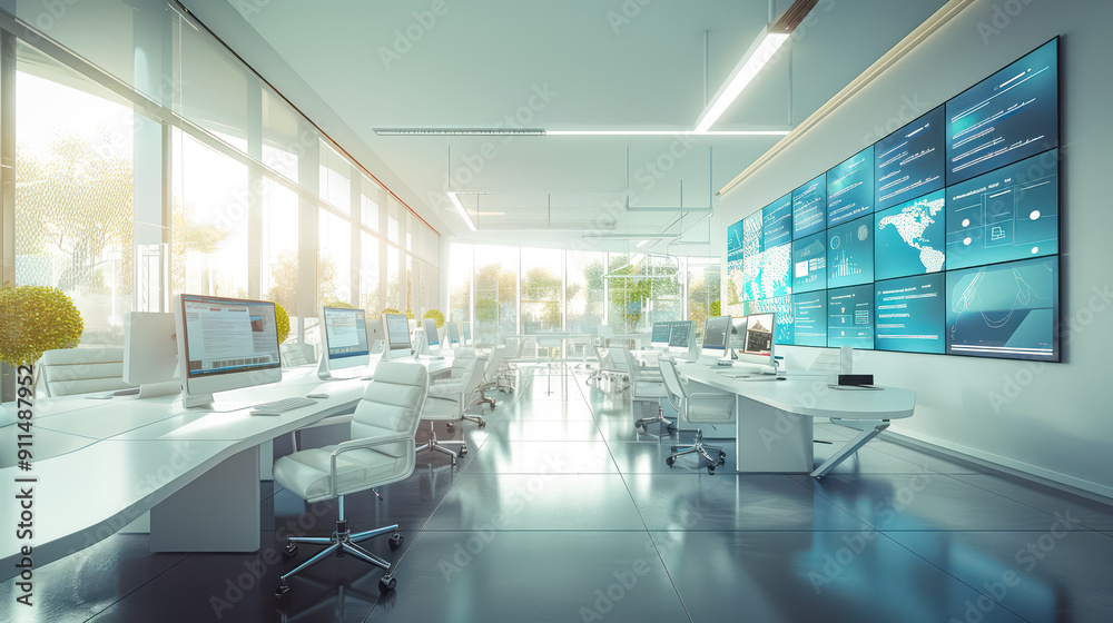 Desks with PCs in bright and modern open space office.Generative AI Desks with PCs in bright and modern open space office.Generative AI