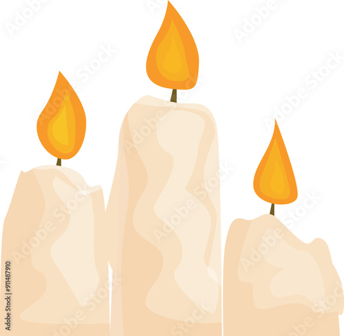 Three candles are burning with bright yellow flames, providing a warm and inviting ambiance