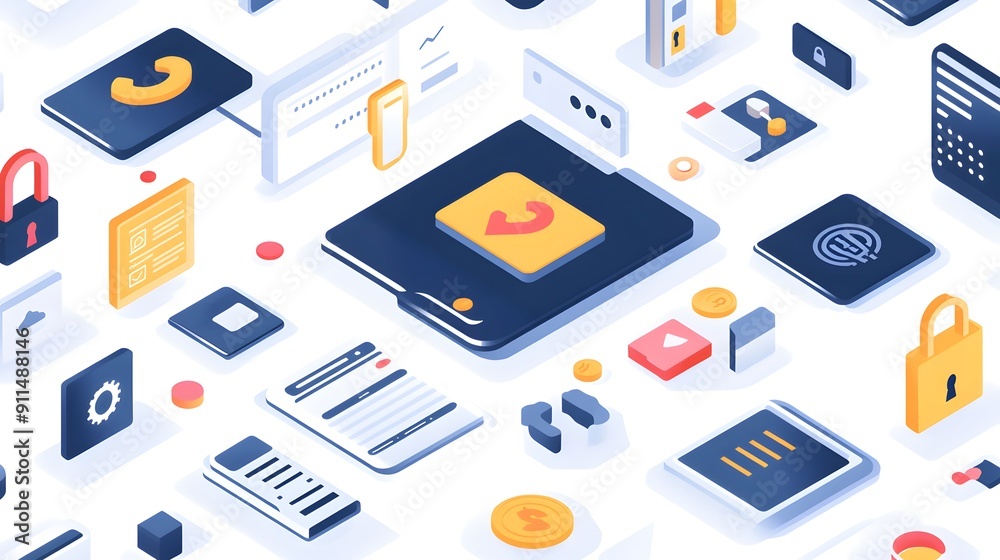 Financial Security: Cybersecurity measures in finance, such as biometric authentication, encrypted data transmission, and secure login processes. Key Elements: Lock icons, biometric scans, data encryp Financial Security: Cybersecurity measures in finance, such as biometric authentication, encrypted data transmission, and secure login processes. Key Elements: Lock icons, biometric scans, data encryp