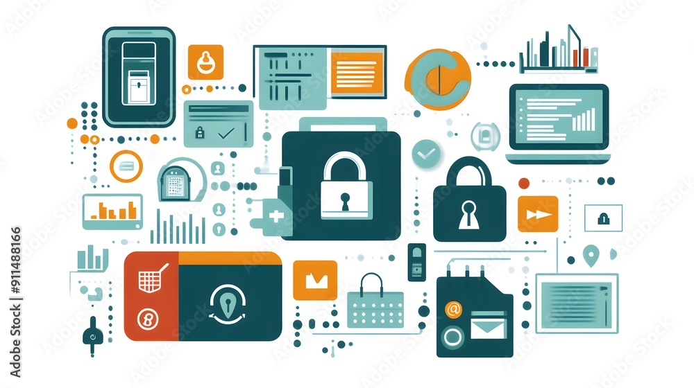 Financial Security: Cybersecurity measures in finance, such as biometric authentication, encrypted data transmission, and secure login processes. Key Elements: Lock icons, biometric scans, data encryp Financial Security: Cybersecurity measures in finance, such as biometric authentication, encrypted data transmission, and secure login processes. Key Elements: Lock icons, biometric scans, data encryp