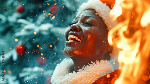 A joyful dark-skinned woman dressed as Santa celebrates by setting a Christmas tree ablaze, surrounded by vibrant decorations and swirling smoke photo