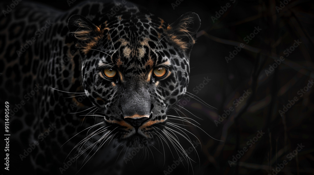 Close-up of a leopard's face, focusing on its intense gaze against a dark, blurred background Close-up of a leopard's face, focusing on its intense gaze against a dark, blurred background