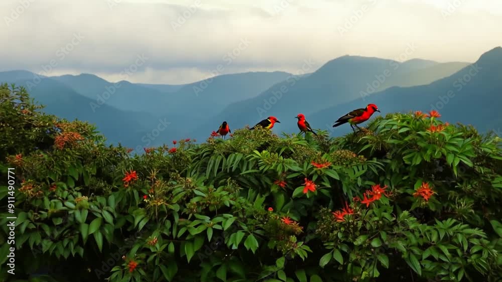 Overhead View of Hawaiian Rainforest with Red Birds in Treetops Mountains Background