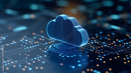 Digital cloud over network circuit board, representing cloud computing, data storage, and technology integration in modern computing.