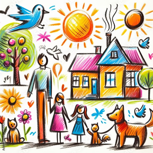 Colorful childlike drawing of a happy family, house, and nature with a bright sun, clouds, flourishing garden.