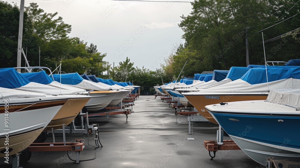Fototapeta premium Speedboats on Truck Planters in Yacht Storage, White and Blue Covers