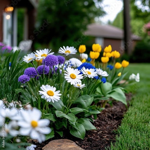 A vibrant garden filled with colorful flowers, showcasing daisies, tulips, and other blossoms in a sunny outdoor setting. photo