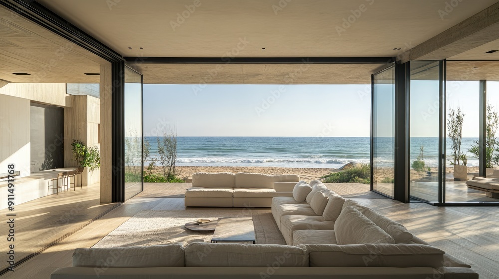 Oceanfront beach house with stunning views of the sea and beach, bathed in sunlight Oceanfront beach house with stunning views of the sea and beach, bathed in sunlight