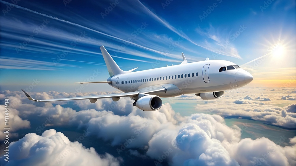 A Large White Airplane Soaring Towards a Clear Blue Sky Generative AI A Large White Airplane Soaring Towards a Clear Blue Sky Generative AI