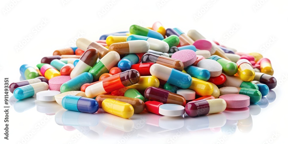 Pile of assorted pills on white background, medication, pharmaceuticals, health, medicine, tablets, capsules Pile of assorted pills on white background, medication, pharmaceuticals, health, medicine, tablets, capsules