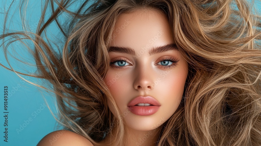 Beautiful young woman with long blonde hair and blue eyes. She is looking at the camera with a soft expression. Her hair is flowing in the wind. Beautiful young woman with long blonde hair and blue eyes. She is looking at the camera with a soft expression. Her hair is flowing in the wind.