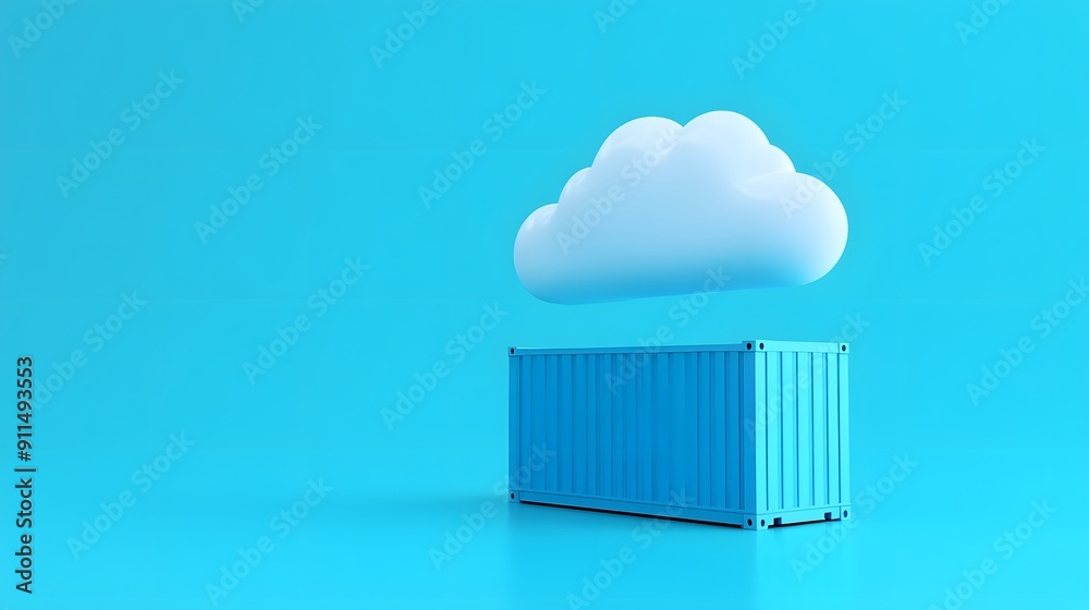 Digital concept of cloud computing and data storage with a cloud hovering above a blue shipping container on light blue background. Digital concept of cloud computing and data storage with a cloud hovering above a blue shipping container on light blue background.